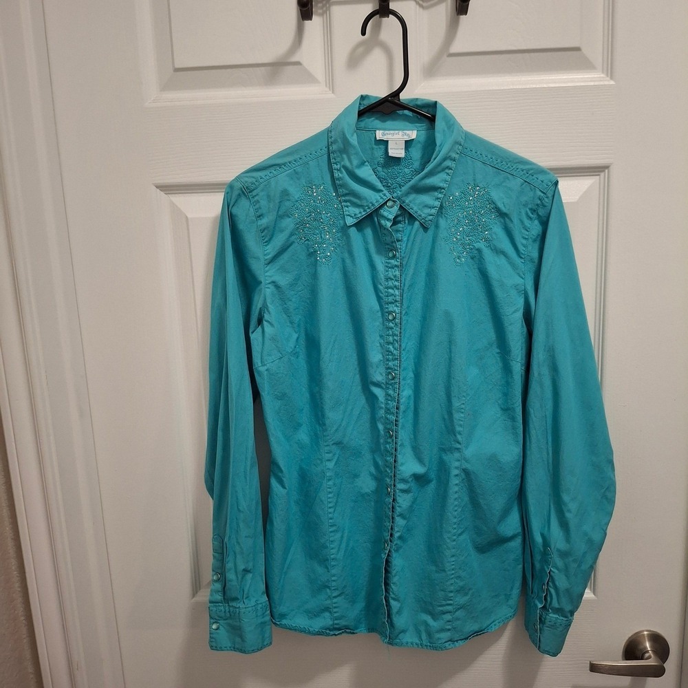 Cowgirl Up Large Turquoise Snap Rhinestone Embellished Long Sleeve Blouse Shirt